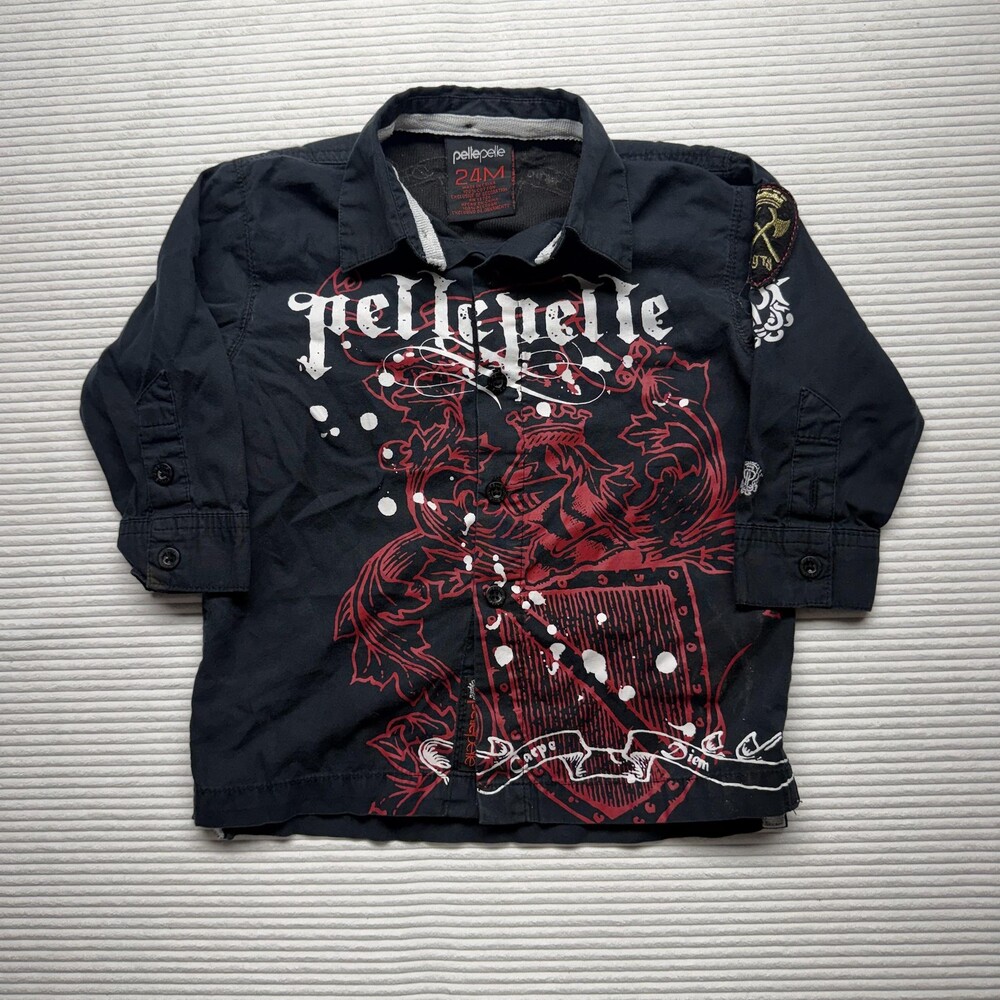 Pelle Pelle Shirt Boys 24M Black Carpe Diem Graphic Long Sleeve Dressy Button Up